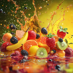 Fresh red strawberry and blueberry fruits in a water splash, a delicious and healthy snack isolated on white