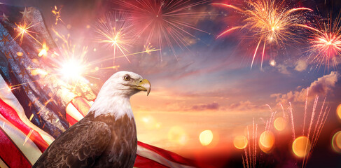 Independence Day Card - Eagle And American Flag At Sunset With Fireworks And Abstract Bokeh Lights