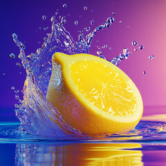 A fresh yellow lemon slice makes a juicy splash in clear blue water