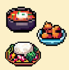 Set of Korean food pixel art, vector.
