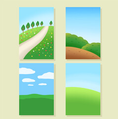 Set of green field and blue sky, vector.