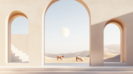 A minimalist Eid terrace featuring moonlight and arch shadows, offering a unique and elegant editorial touch.