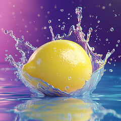 A refreshing splash shows a bright yellow lemon in clear water