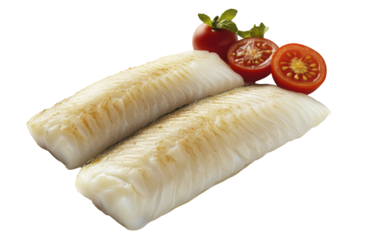 Delicate cod fillets goldenseared paired with vibrant tomato halves on stark black backdrop