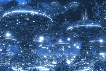 Dazzling Futuristic Cityscape with Glowing Lights and a Dynamic, Blue-Hued Atmosphere