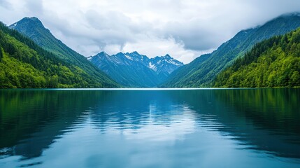 Fototapeta premium Breathtaking mountain lake reflecting pristine sky in untouched nature