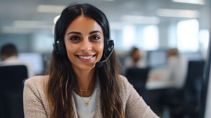 A Young Woman From The Middle East With Warm Smile A Customer Service Representative with Headset In Office Environment Smiling