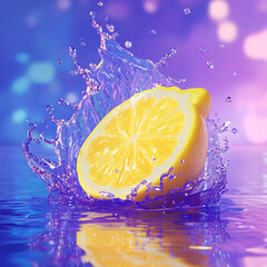 Fresh yellow citrus fruit slice splashing into clear water with bubbles