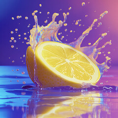 Fresh yellow citrus fruit slice splashing into blue water with bubbles