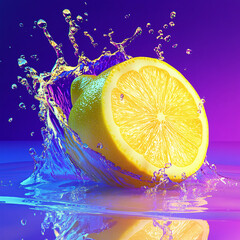 Fresh yellow lemon slice drops into clear water with a vibrant splash, creating juicy bubbles