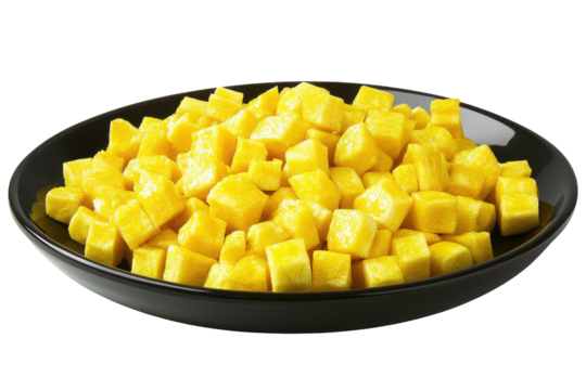 Diced delights Golden pineapple cubes gleam in a dark bowl against an ebony backdrop