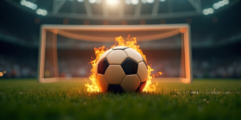 Football on fire in Stadium. Flaming Soccer Ball in Front of Goalpost. Intense Sports Action Concept