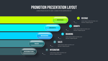 Modern Performance Frame Template Vector Illustration. Marketing Overview Five Element Diagram Presentation Design. Visual Innovation 5 Step Infographic Slide Layout.