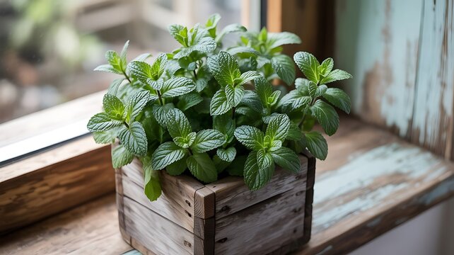 A fresh bouquet and potted herbs like basil and mint, alongside flowers in a wooden box, bring nature's aromatic leaves and floral beauty indoors - Powered by Adobe