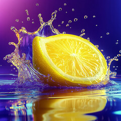 Fresh yellow citrus fruit lemon slice makes a splash in clear water with bubbles