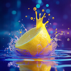 Fresh yellow citrus lemon splash in blue water with a wet drop