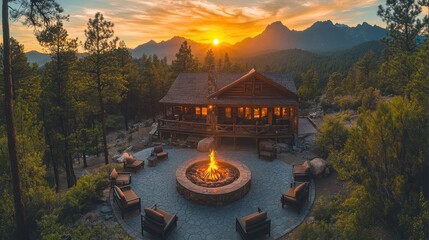 A large circular fire pit surrounded by comfortable seating, located in front of an old log cabin with forested surroundings and mountains visible on the horizon. 