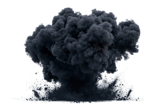  Large black smoke explosion cloud with intense density, dark billowing shape, powerful impact, symbol of destruction, isolated on white.
