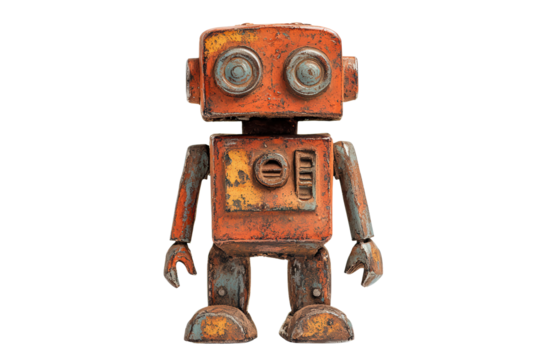  Rusty vintage toy robot with worn metal surface, big circular eyes, industrial retro look, mechanical limbs, isolated on white.