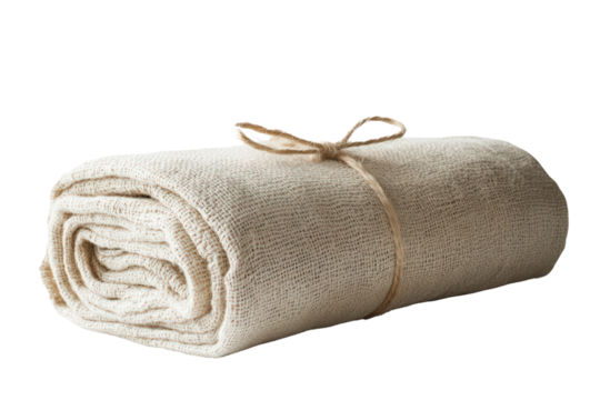  Rolled beige towel tied with simple string, soft texture, minimalistic natural style, spa or bathroom decor, clean cozy look.
