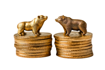  Bull and bear figurines standing on coin stacks, symbolizing stock market trends, gold tones, finance metaphor, isolated white background.