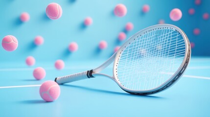 Pink Tennis balls and Pink tennis rackets lying on pink tennis court,paddle tennis balls and the net sport,healthy lifestyle,sport and hobbies,activity,selective focus.