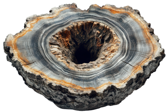  Petrified wood slice with concentric rings, hollow center, polished texture, earthy tones, ancient geological specimen, fossilized organic pattern.