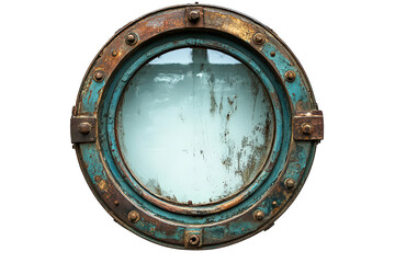 Obraz premium Circular ship porthole with weathered metal frame, aqua glass, rustic nautical style, bolts visible, isolated on white, maritime design element.