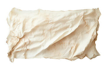 Obraz premium Wrinkled aged parchment paper with brown stains, textured surface, isolated on white, perfect for vintage backgrounds, maps, artistic projects.