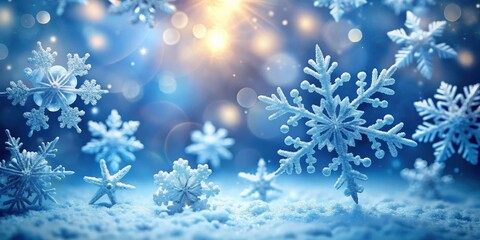 Frosty snowflakes gently falling onto a serene blue surface background, with soft focus and warm lighting effects, creating a peaceful atmosphere, serene, soft focus