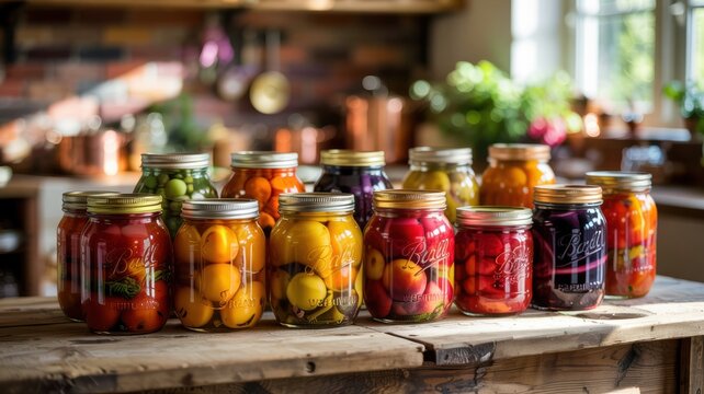 Jars filled with canned fruits and vegetables are neatly arranged on a wooden kitchen table. There are different ingredients in the jars: tomatoes, peaches, eggplants.