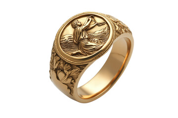  Intricate gold signet ring with carved design, raised emblem, polished surface, isolated on white, symbolizing heritage, tradition, nobility.