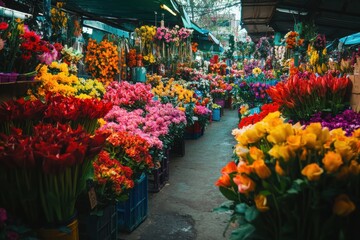 A vibrant flower market showcasing a wide variety of colorful blooms during daylight hours