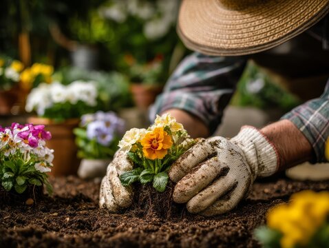A dedicated gardener planting flowers, hands in soil, wearing gloves and hat, isolated garden green background, nature and hobby branding