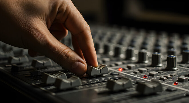 Human Hand Adjusting Slider On Black Audio Mixer In Dark Studio with Multiple Knobs and Control Buttons