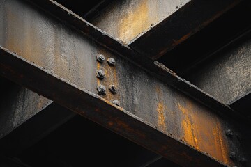 Rusty metal beams intersecting in a close-up view.