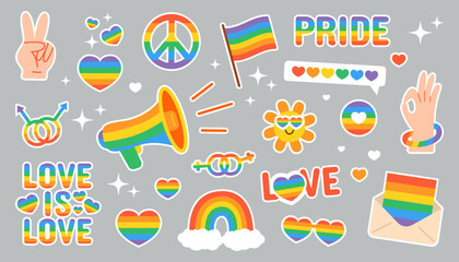 LGBT Pride Sticker Set with Rainbow Hearts, Flags, Peace Symbols, and Love Quotes – Colorful Vector Pack Celebrating Equality, Diversity, and Freedom for All Identities