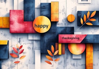 happy thanksgiving, stylish typography with Autumn accent. Trendy design with modern style. Composition geometric element in bright color background grainy texture