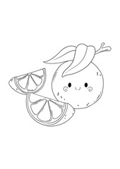 A delightful black and white orange coloring page featuring cute fruit characters with smiling faces in a playful style. Fun, hand-drawn style ideal for both children and adult coloring fans.
