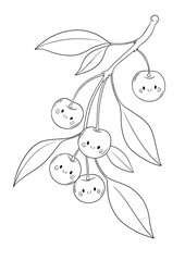 A delightful black and white cherry coloring page featuring cute fruit characters with smiling faces in a playful style. Fun, hand-drawn style ideal for both children and adult coloring fans.