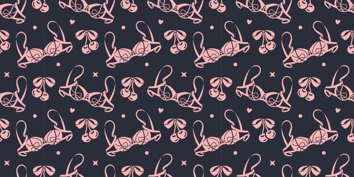 Wide seamless background with tender pink lingerie on stylish black background. Graphic wallpaper, flirty and fashionable packaging, textile design, or romantic feminine vibe with a rock gothic twist