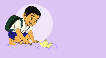 School boy enjoying the rain.