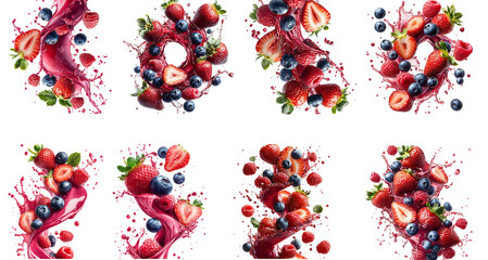set swirling tornado made of berries, floating sliced and whole strawberries, raspberry, blueberry dynamic spiral motion, splash effect, isolated on transparent background