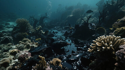 Underwater perspective capturing the environmental tragedy of coral reefs smothered by thick, toxic oil spills