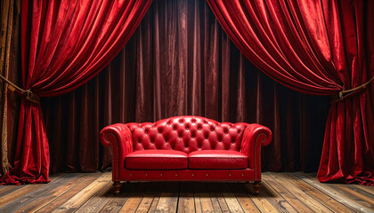 Un elegante sofá antiguo de lujo de cuero viejo y color rojo en un escenario de ambiente oscuro con cortinas y telón abierto