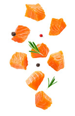 fresh salmon cubes with rosemary and pepper on white background