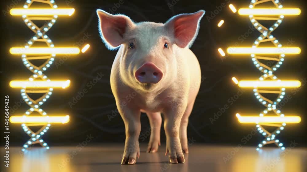 Poster pigs genetic concept , pig in lab exploring glowing dna strands that spark curiosity and innovation 