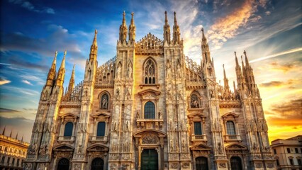 Fototapeta premium Elegant Gothic architecture with numerous statues on steeples in the background, set against a warm sunlight filtered through stone carvings, milanocathedral, facade