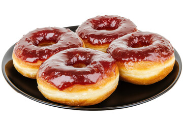 Glazed doughnuts gather their jelly tops gleaming on a black plate