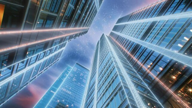 Modern smart digital city, day to night time-lapse futuristic technology cityscape, cyberspace high-rise skyscrapers, immersed high-tech downtown financial district buildings, 3d vfx animation